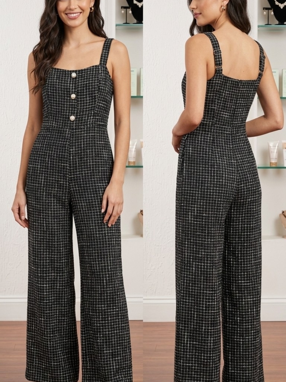 Sleeveless Black Tweed Wide-Leg Jumpsuit with Pearl Buttons